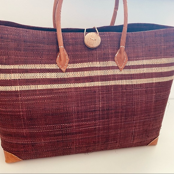 Wicker Tote Bag Burgundy Straw - Picture 4 of 9